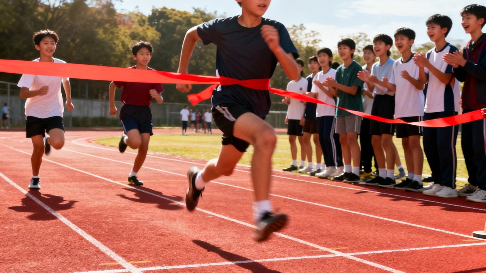 田径跑道上一名青少年运动员全力冲刺即将越过终点线，身后是紧追不舍的其他选手，跑道旁站满了加油助威的同学，红色的塑胶跑道在阳光下格外鲜艳