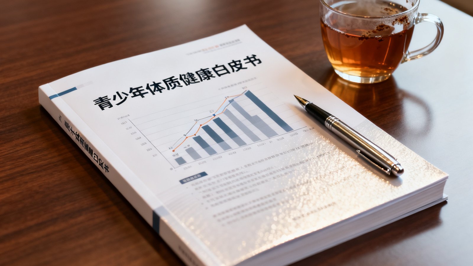 一本印刷精美的青少年体质健康白皮书摆放在会议桌上，封面印有统计图表和标题文字，旁边放着一支钢笔和一杯清茶